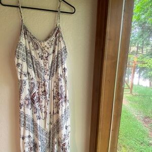Pretty, White, Navy and Rose Midi Dress with handkerchief hem.